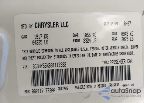 2008 Chrysler Pt Cruiser Touring из США, поврежденный, VIN 3C3HY55X88T112322